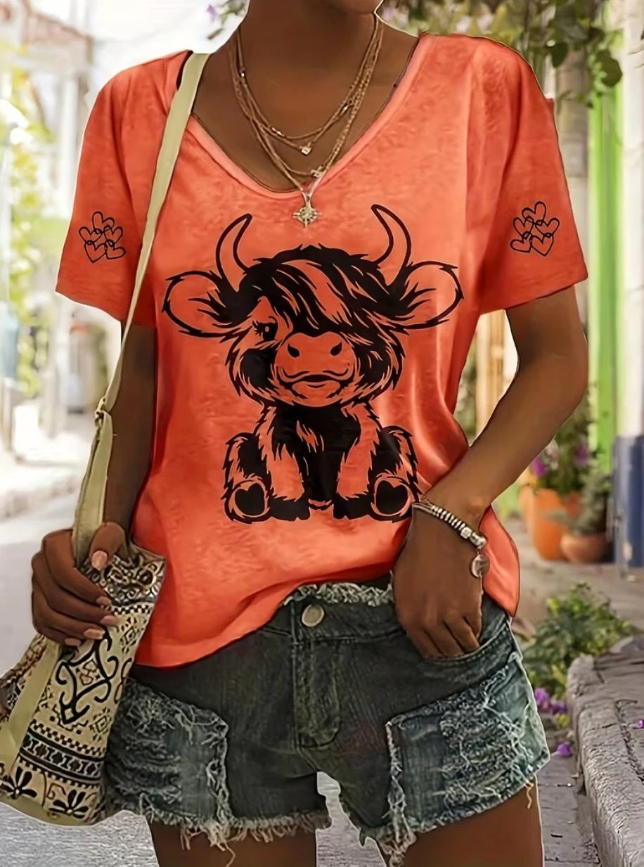 🟠 Coral Highland Cow Print T-shirt – Original and Trendy - Size XXL – photo 3